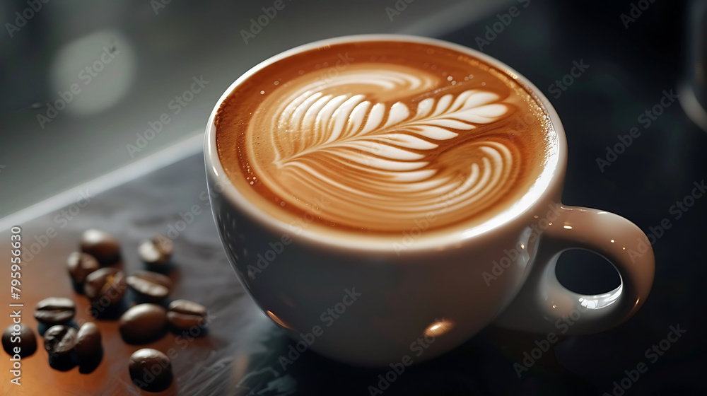 a white coffee cup with a white handle sits on a black table next to a pile of coffee beans a white coffee cup with a white handle sits on a black table next to a pile of coffee beans