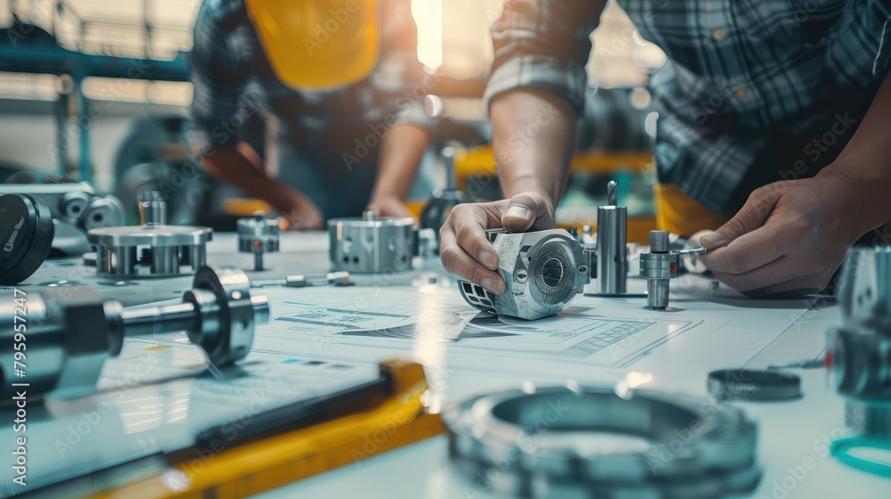 A Close-up view of engineers and technicians designing and engineering mechanical parts. Industrial engine factory, blueprints, bearing measurement, calipers, tools, industrial background. A Close-up view of engineers and technicians designing and engineering mechanical parts. Industrial engine factory, blueprints, bearing measurement, calipers, tools, industrial background.