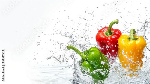 Three peppers in water on white background