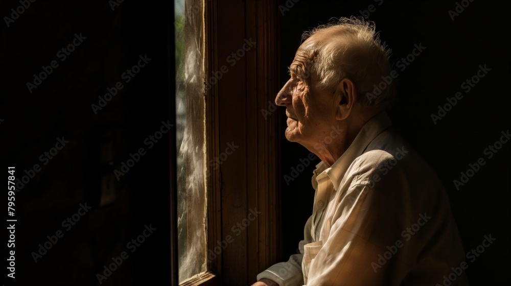 Obraz premium Old man beside a window in dramatic light, contemplating life