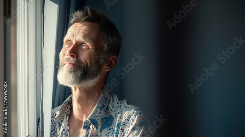 Old man beside a window in dramatic light, contemplating life