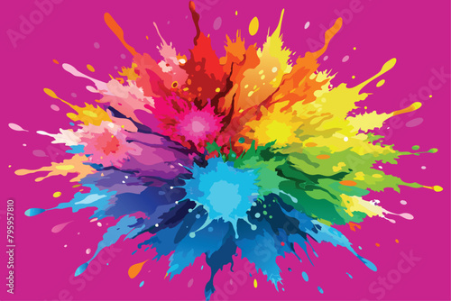 colorful rainbow holi paint color powder explosion vector, isolated wide hot pink panorama background