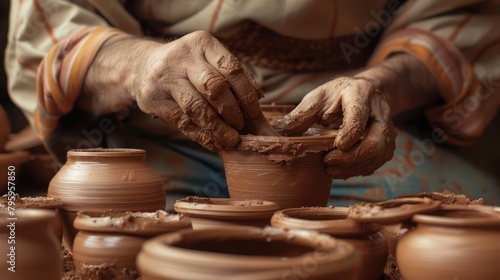 The hands of a potter skillfully molding clay into a container. Making pottery with the delicate movement and attention to detail that defines the art of ceramics. photo
