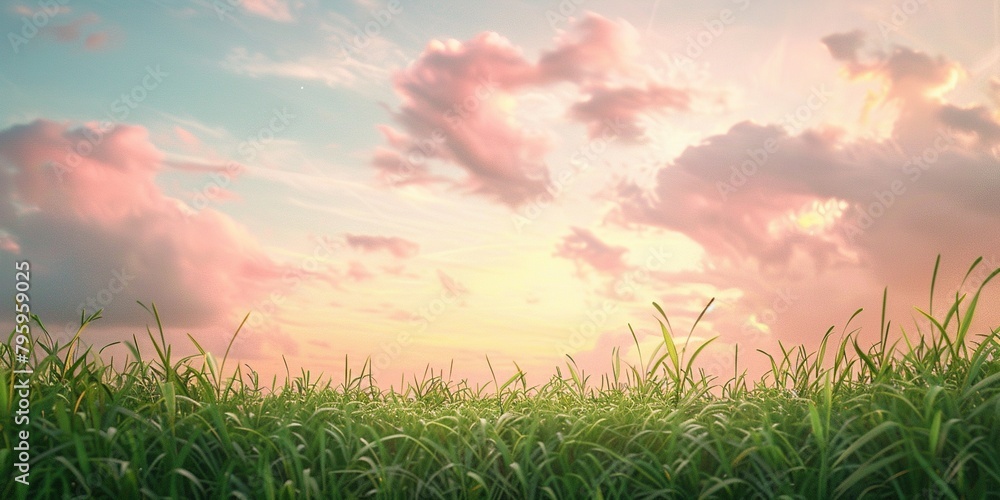 Obraz premium Green grass under a pastel sky decorated with delicate pink clouds. Aesthetic calm landscape. Generative AI