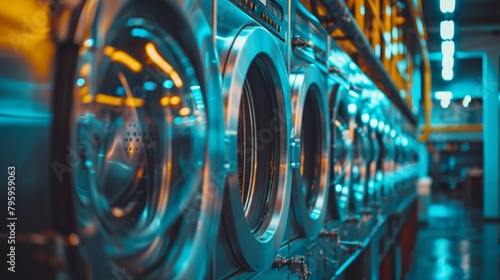 A row of gleaming industrial washing machines in a laundromat, emphasizing large capacity and efficiency for high-volume laundry.