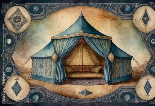 pattern of tarot cards in various shades of mystic, overlaid with a moonlit painting of a fortune teller’s tent.