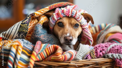 A dog plays mischievously in a pile of colorful unwashed laundry with a funny expression on his face.