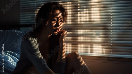 A Domestic violence: Asian woman sitting depressed alone in bedroom Feeling sad and disappointed in love In a dark bedroom and sunlight from the window coming through the blinds.