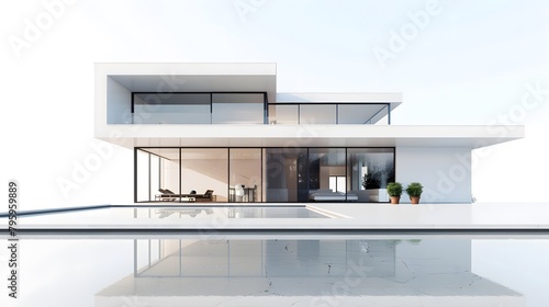 Describe an illustration featuring a 3D rendering of a sleek and modern minimalist house set against a pristine white background © Ziyan Yang