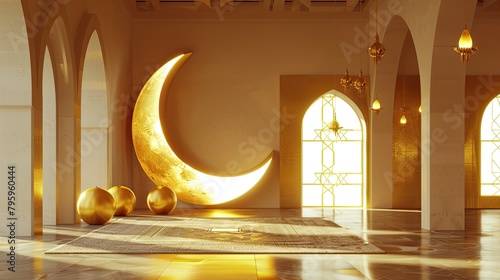 3D rendering Ramadan Moon and islamic mosque photo