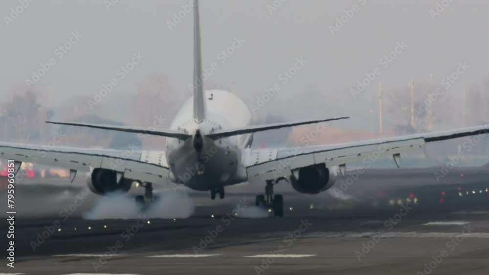 Detailed view of the aircraft during landing on the runway in slow motion