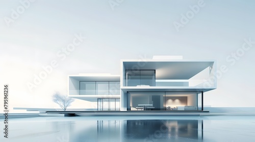 Describe an illustration featuring a 3D rendering of a sleek and modern minimalist house set against a pristine white background © Ziyan