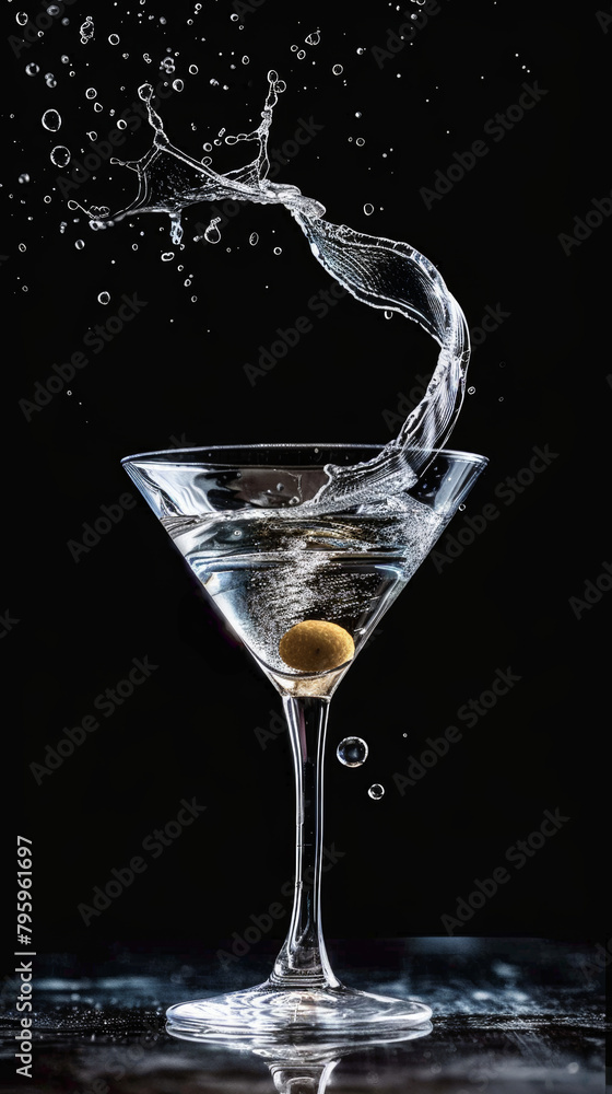 Dynamic splash from a martini glass with an olive mid-air, against a dark background. Dynamic splash from a martini glass with an olive mid-air, against a dark background.