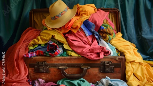 A suitcase overflowing with colorful summer clothes  ready for a fun vacation. 