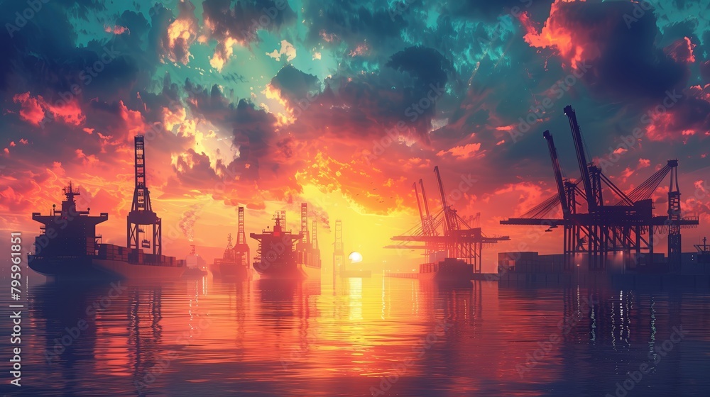 Obraz premium Shipping from the port involves loading and unloading a variety of ships and using cranes.