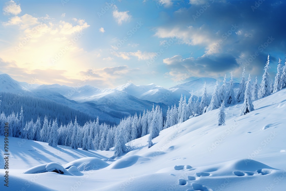 Glistening Snowfield Gradients: Serene Snowy Panorama