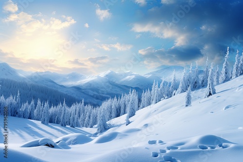Glistening Snowfield Gradients: Serene Snowy Panorama