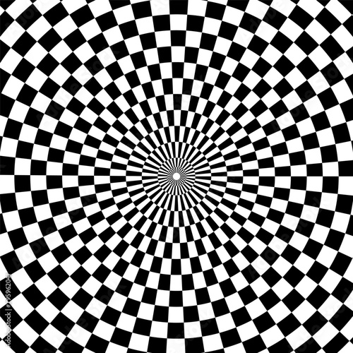 Checkered optical illusion. Black and white hypnotic spiral. Geometric radial pattern. Vector illustration. EPS 10.