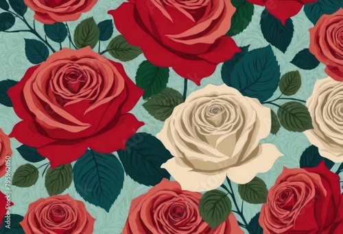 vintage wallpaper with a pattern of roses in different shades of romantic red, overlaid with a nostalgic multicolored painting of a Victorian garden © Sohel