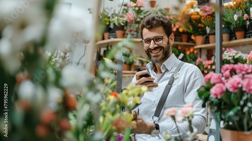 A Happy Caucasian independent small businessman while multitasking. He stood confidently on his apron amidst a small flower center. Talk easily on the phone and write down order details. © Phoophinyo