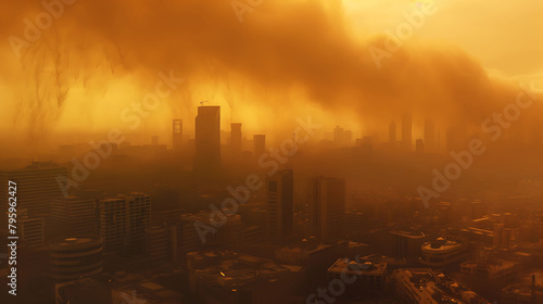 smoke billows over a cityscape featuring a tall building and a large building, with a white buildin