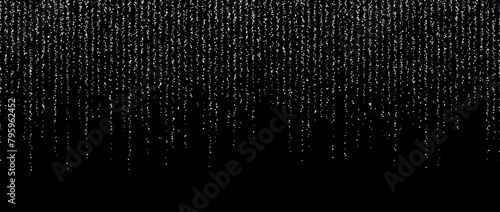 Silver confetti garland on dark background. Falling glitter and sparkle wallpaper. White and grey shining dots repeating pattern. Magic dust sparkling decoration for Christmas. Vector backdrop