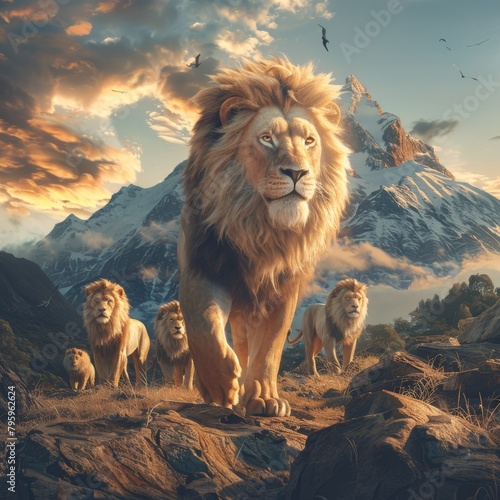 Pride of Lions on Mountain Terrain