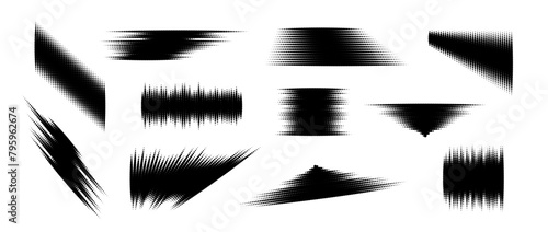 Halftone glitch element set. Dotted textured geometric form collection. Grunge abstract halftone spikey shapes for print, banner, poster, collage, overlay, label, tag. Distressed sharp vector pack