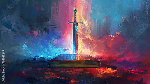 Bible and Sword: Digital Illustration of Spiritual Warfare and Faith, Harnessing Strength Inspiring Concept of Bible and Sword in Artwork