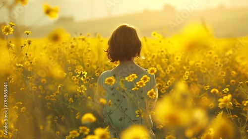 A person standing in a field of yellow flowers, reminiscing about a cherished childhood memory. Summer flower. © kamonrat