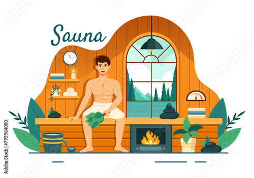 Sauna and Steam Room Vector Illustration with People Relax, Washing Their Bodies or Enjoying Time in Flat Cartoon Background Design