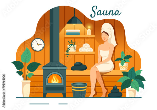 Sauna and Steam Room Vector Illustration with People Relax, Washing Their Bodies or Enjoying Time in Flat Cartoon Background Design