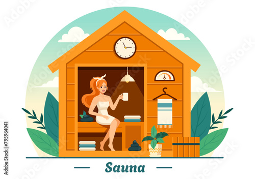 Sauna and Steam Room Vector Illustration with People Relax, Washing Their Bodies or Enjoying Time in Flat Cartoon Background Design