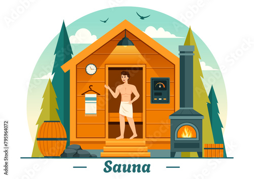 Sauna and Steam Room Vector Illustration with People Relax, Washing Their Bodies or Enjoying Time in Flat Cartoon Background Design