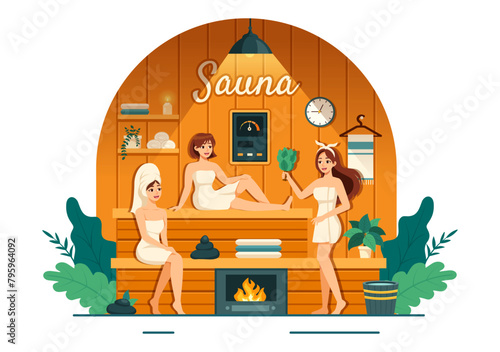 Sauna and Steam Room Vector Illustration with People Relax, Washing Their Bodies or Enjoying Time in Flat Cartoon Background Design