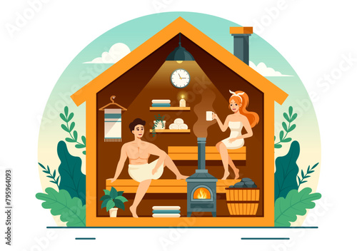 Sauna and Steam Room Vector Illustration with People Relax, Washing Their Bodies or Enjoying Time in Flat Cartoon Background Design