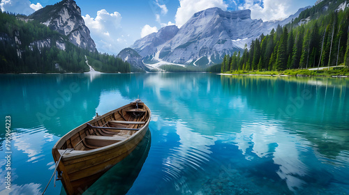 a serene mountain lake with a brown boat floating peacefully under a blue sky dotted with white clo