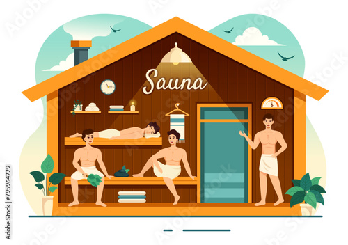 Sauna and Steam Room Vector Illustration with People Relax, Washing Their Bodies or Enjoying Time in Flat Cartoon Background Design