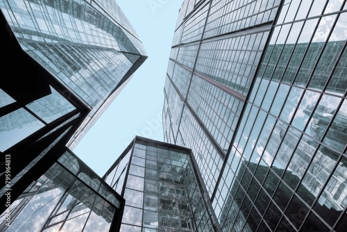 Bottom view of Impressive modern architecture of downtown skyscrapers made from glass and steel