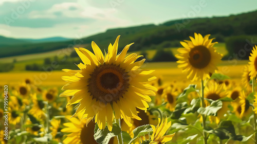 a vibrant sunflower field under a clear blue sky with scattered yellow sunflowers