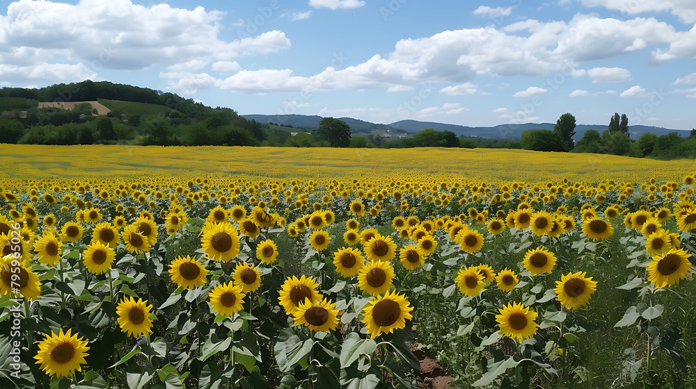 a vast field of yellow sunflowers under a blue sky with white clouds, framed by tall green trees
