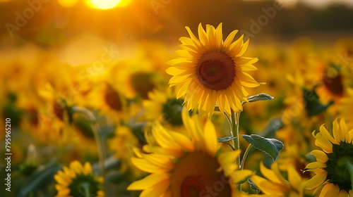 a field of sunflowers, including a large yellow sunflower and several smaller yellow sunflowers, wi