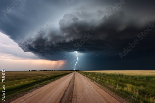 A supercell thunderstorm with lightning and rain outdoors nature.
