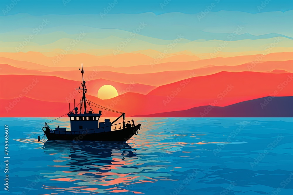 Mediterranean Sea Horizon Gradients: Fishing Boat Silhouette at Sunset