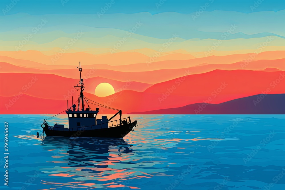 Fototapeta premium Mediterranean Sea Horizon Gradients: Fishing Boat Silhouette at Sunset
