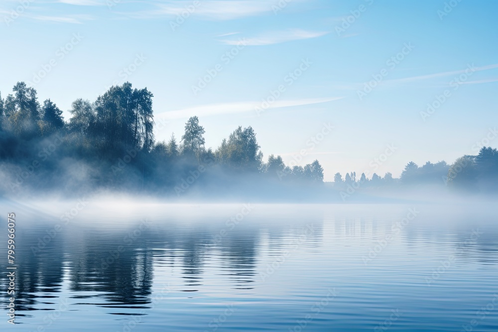 Misty Morning Lake Gradients: Tranquil Mist Over Lake View