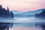 Morning Mist Gradients: Misty Lake Dawn Colors over Lake
