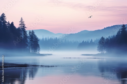 Morning Mist Gradients: Misty Lake Dawn Colors over Lake