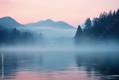 Morning Mist Over Lake: Serene Gradient Hues at Dawn © Michael