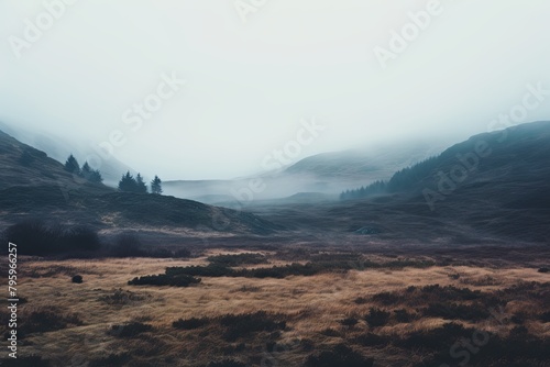 Mysterious Foggy Moor Gradients: Mist-Covered Highland Backdrop